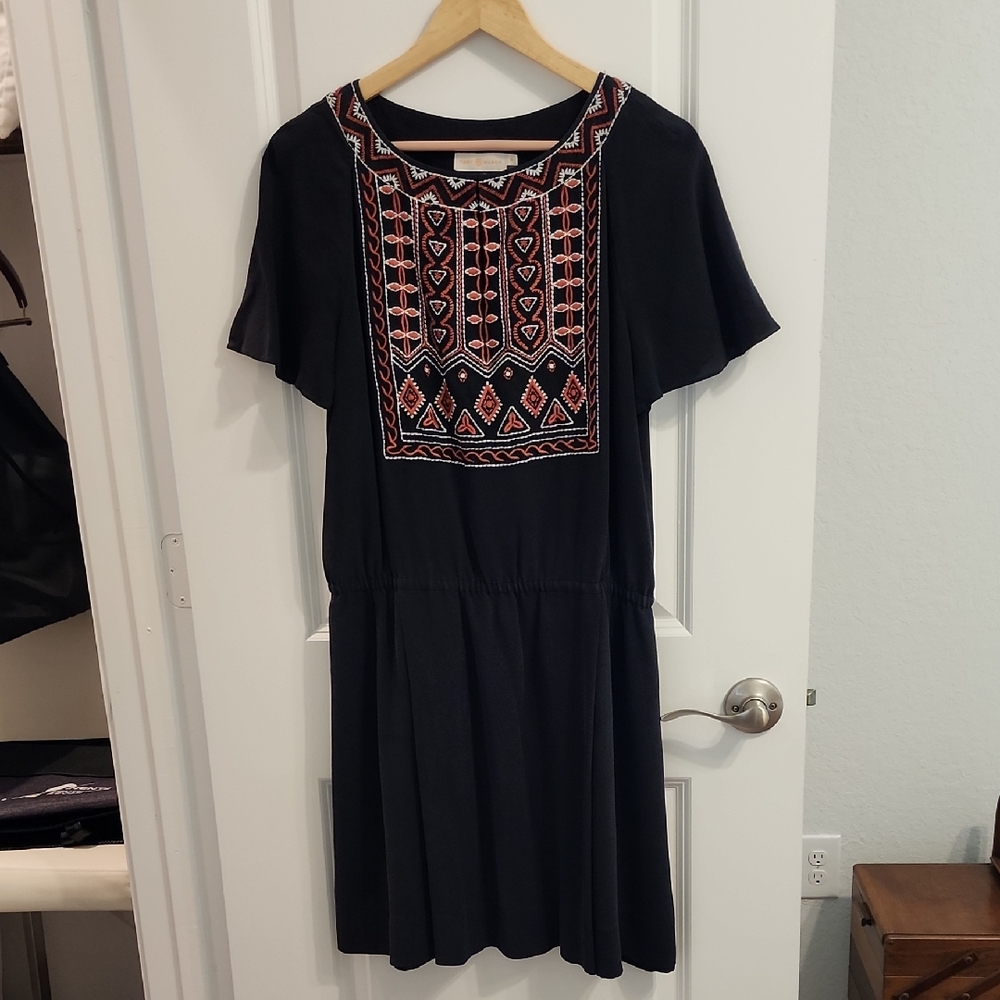 Tory Burch Black Knee Length Dress with Burnt Orange & Cream Embroidered Yoke